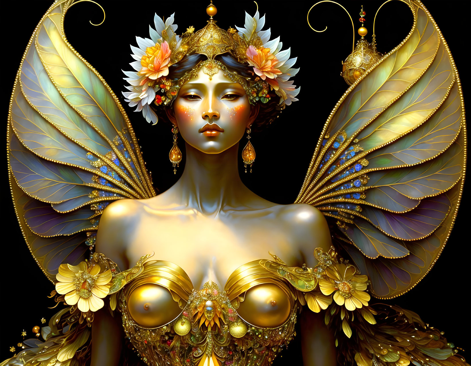 Golden fantasy figure with butterfly wings and floral headdress on black background