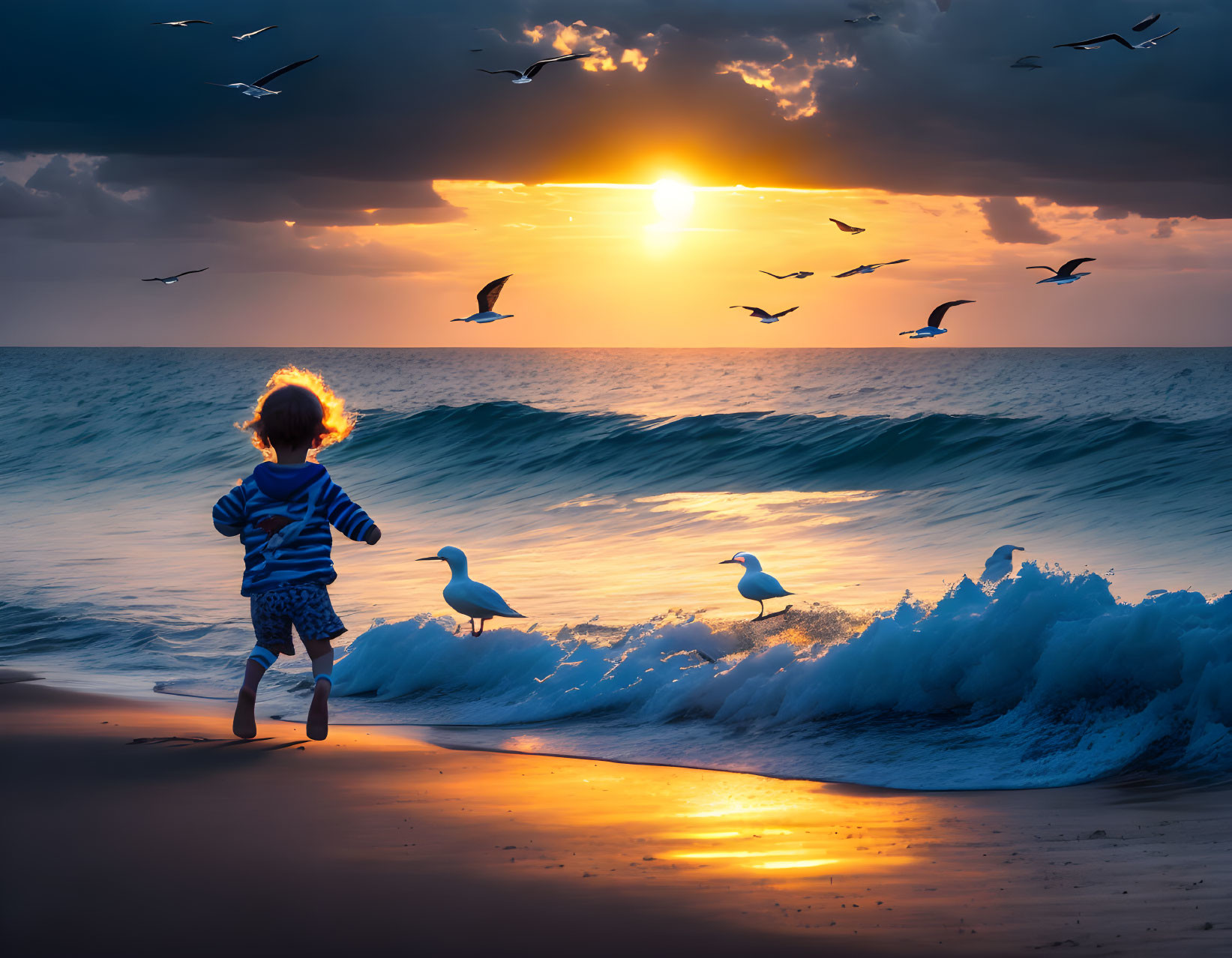 Child in striped shirt playing on beach at sunset with waves and vibrant sky.