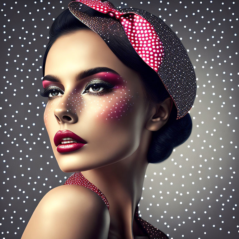 Colorful portrait of woman with polka dot headband and vibrant makeup