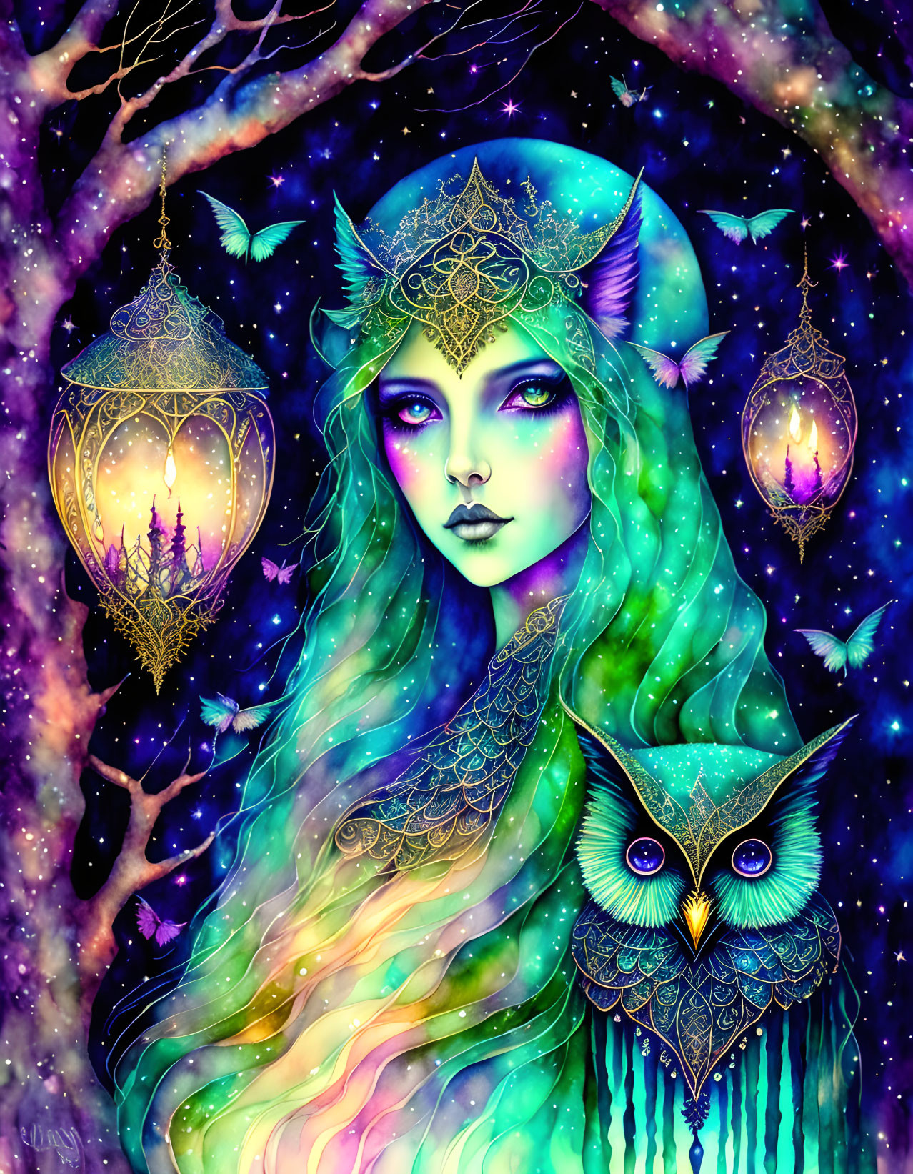 Vibrant illustration of mystical woman with green hair, stars, owl, lanterns, and butterflies