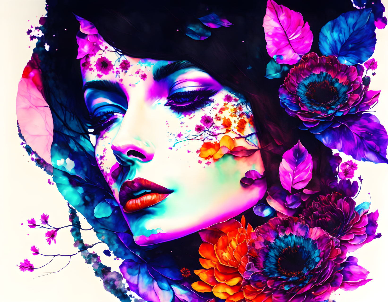 Colorful floral patterns blend into woman's portrait, creating artistic essence