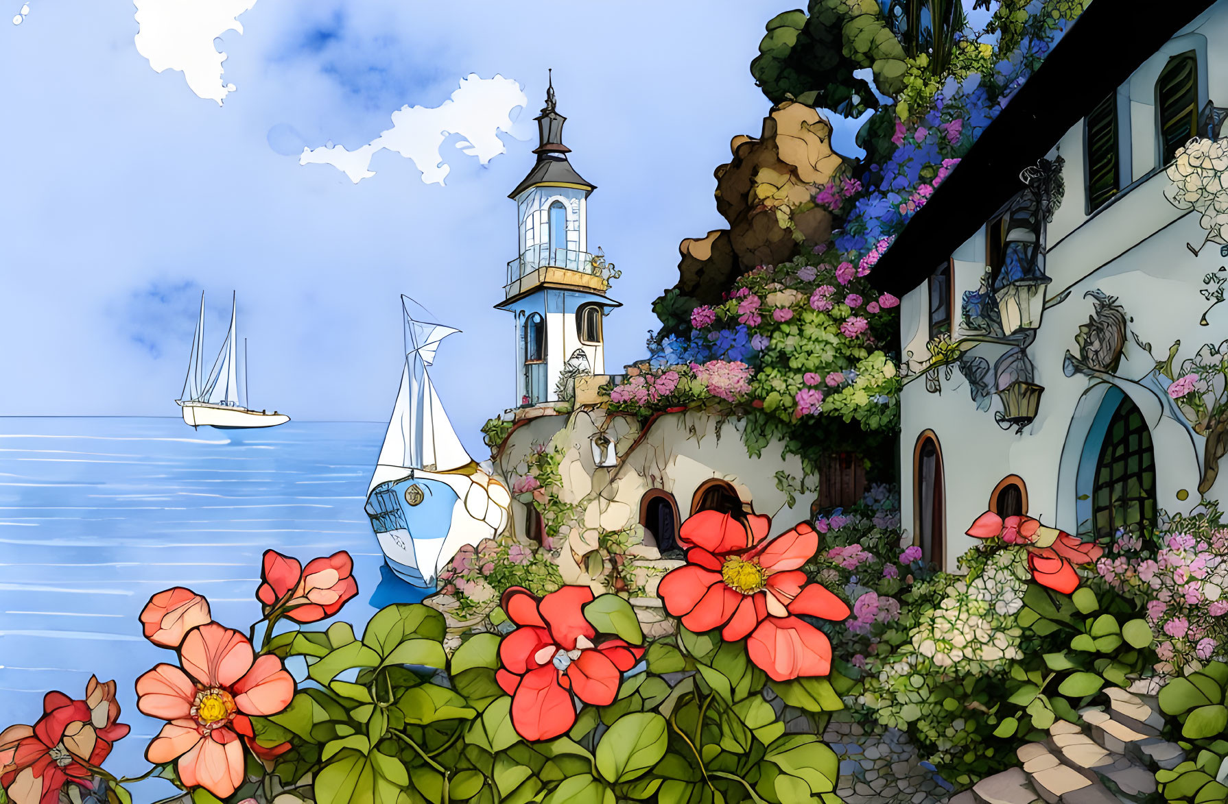 Coastal scene with garden, lighthouse, sailboats, and charming buildings