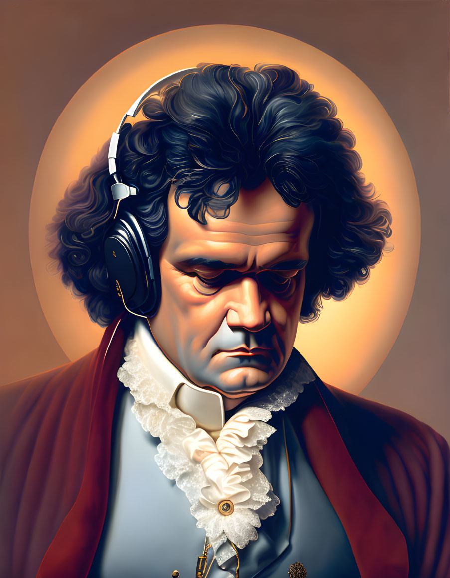 Beethoven illustration in modern headphones on warm halo background