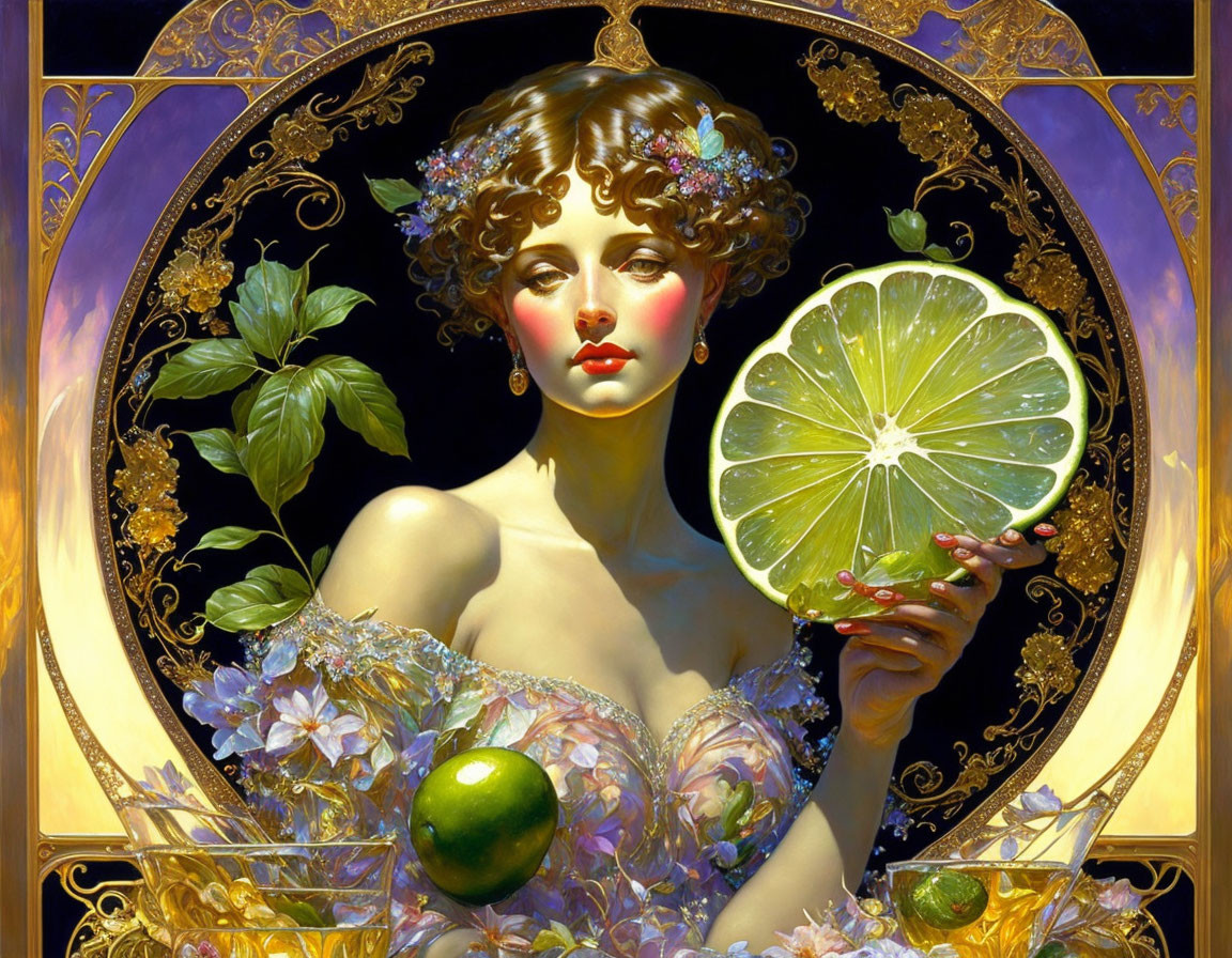 Art Nouveau Woman Holding Lime with Golden Designs