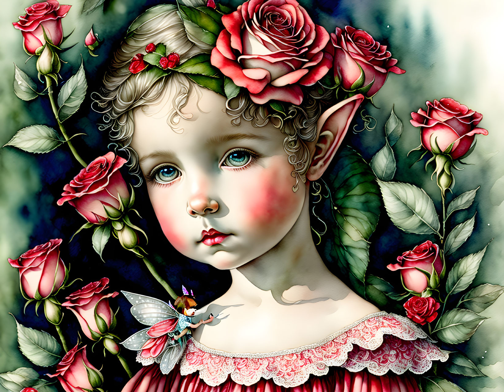 Child with elf ears and fairy among roses and flowers.