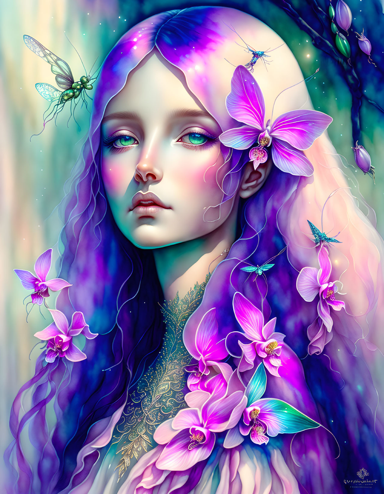 Fantastical portrait of female figure with violet hair, orchids, and dragonflies on teal backdrop