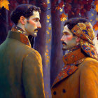 Man and woman in profile surrounded by autumn leaves in romantic art nouveau style