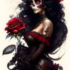 Woman with Skull Face Paint and Roses in Gothic Elegance