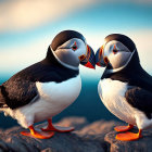 Puffins on rocky shore with blue sky and flying birds