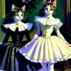 Two cats in Victorian attire pose against floral background