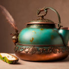 Vintage-style Teapot with Copper Details and Peacock Feather on Warm Background