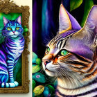 Colorful Striped Cat Illustration with Green Eyes and Reflection in Ornate Frame