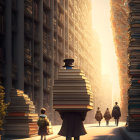 Person with Book Stack Body Walks Through City Street with Towering Book Stacks