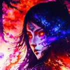 Cosmic-themed portrait of a woman in deep purples and fiery reds