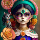 Girl with Day of the Dead Makeup and Floral Headpiece Next to Cat with Matching Decorations