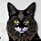 Intricate gold patterned black cat with yellow eyes on white background