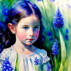 Young girl with rosy cheeks surrounded by blue flowers and green foliage