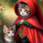 Two cute kittens in fairy tale costumes near berry bush.