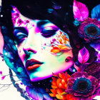 Colorful floral patterns blend into woman's portrait, creating artistic essence