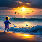 Child in striped shirt playing on beach at sunset with waves and vibrant sky.