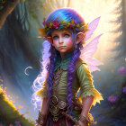 Fantasy illustration: Fairy with purple hair, pink wings, flower hat in mystical forest.