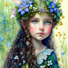 Fantasy creature illustration with floral crown and wildflowers