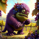 Purple, one-eyed furry creature in sunny vineyard among grapevines