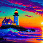 Lighthouse on cliff with crashing waves under sunset sky