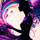 Vibrant female silhouette with swirling hair and floral dress on cosmic background