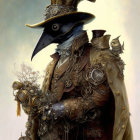 Steampunk character with plague doctor mask, top hat, cogs, gears, orb, and