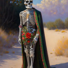 Skeleton with Flower Crown and Floral Cloak in Desert Holding Bouquet