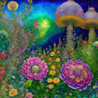 Mystical fairies among vibrant flowers and oversized mushrooms