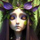 Purple-haired fantasy character with yellow eyes and unique headdress in mystical forest.