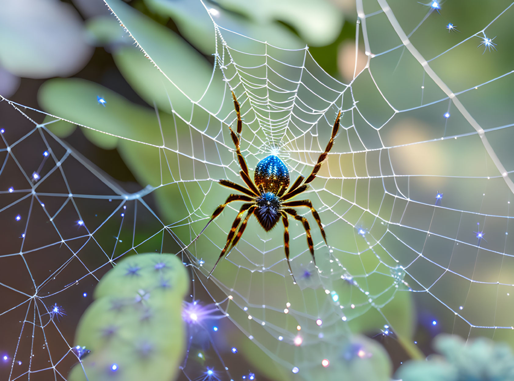 Intricate spider web with dewdrops on green foliage background