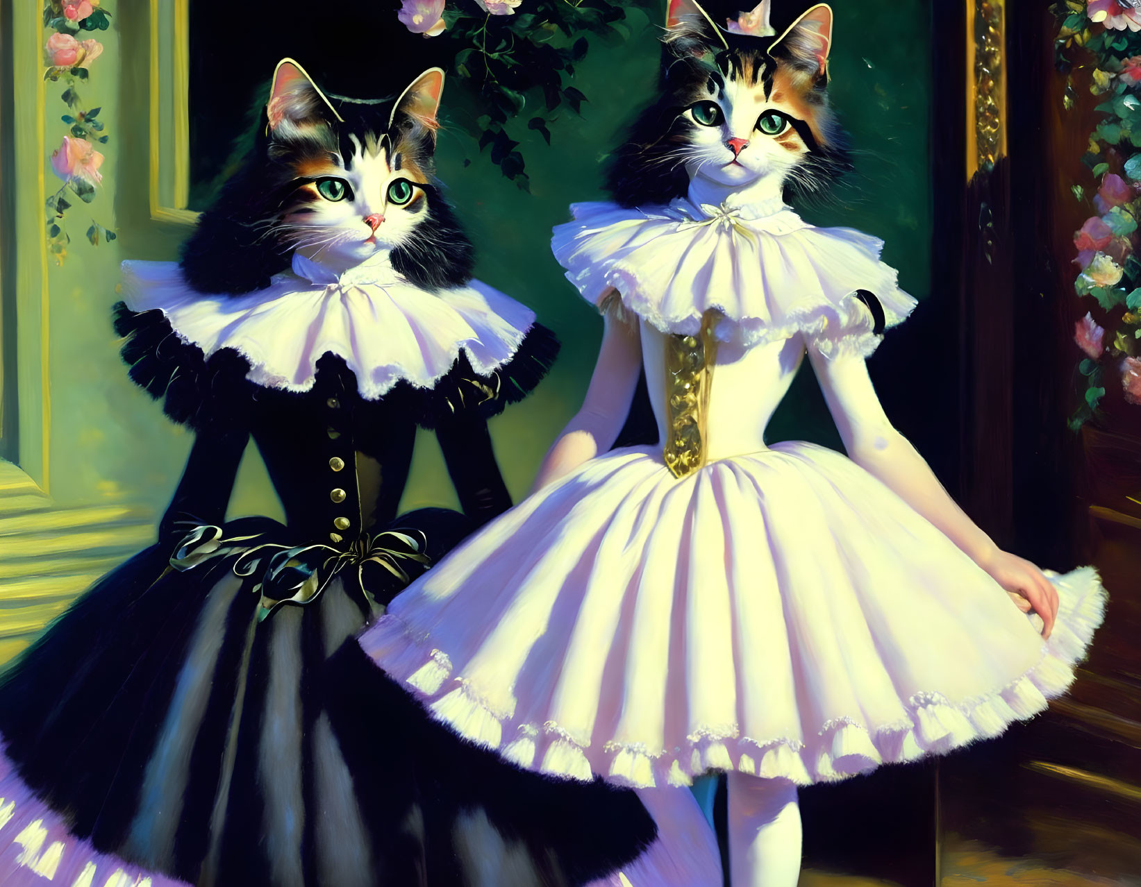 Two cats in Victorian attire pose against floral background