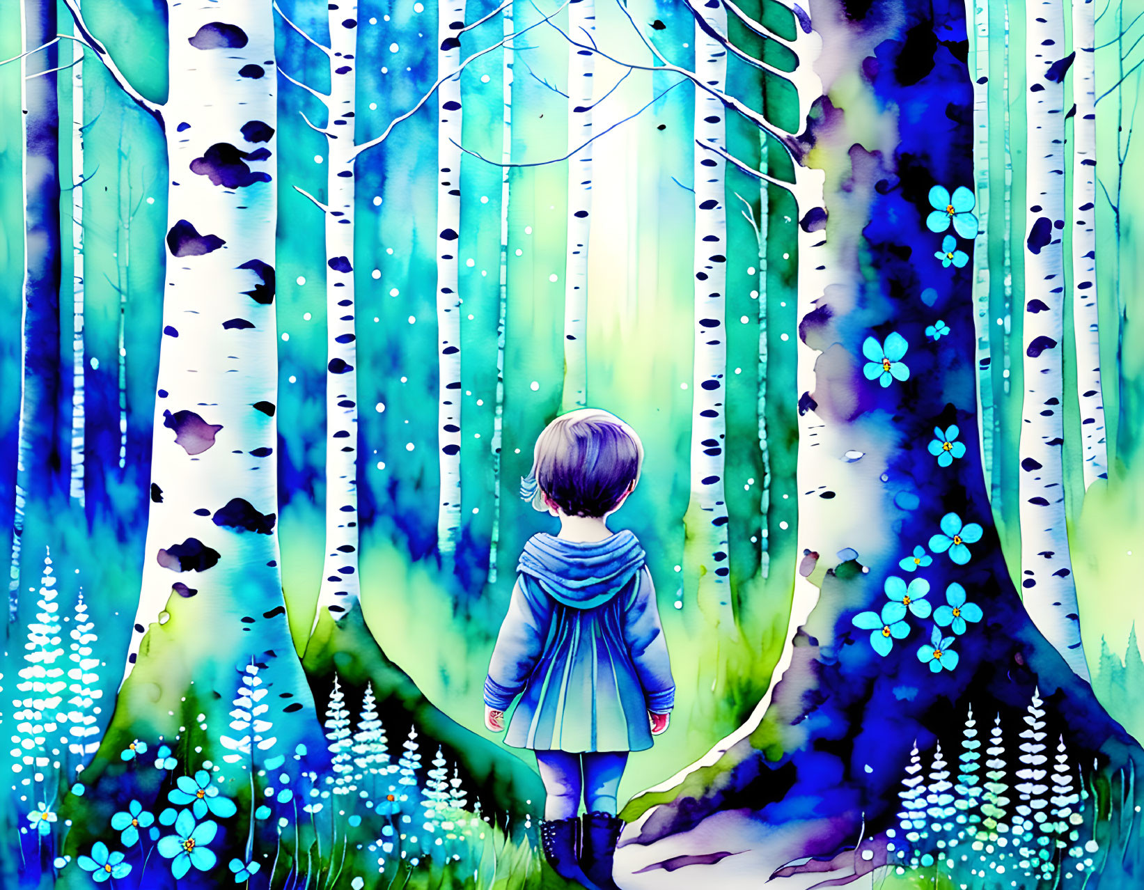 Child in vibrant blue forest with birch trees and glowing flowers.