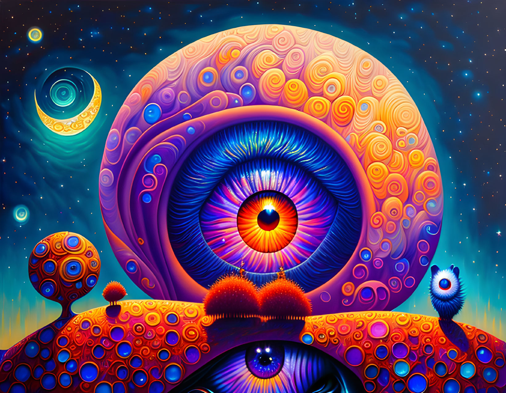 Colorful psychedelic eye art with concentric circles in space