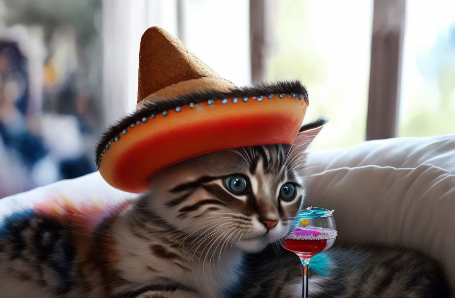 Cat in sombrero gazes at cocktail glass indoors