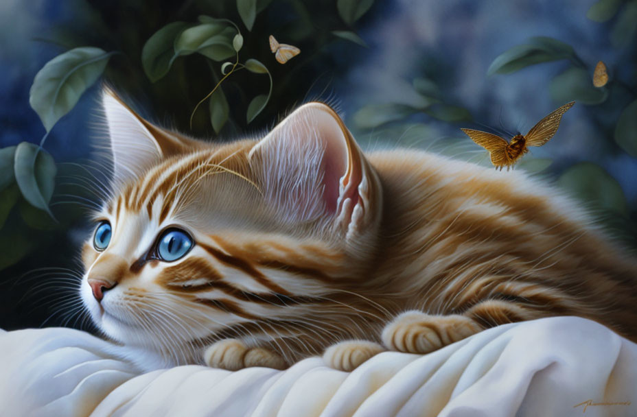 Orange Tabby Kitten with Blue Eyes Watching Butterflies on White Fabric