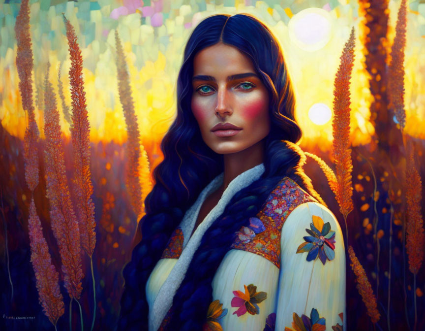 Digital painting of woman with blue eyes and long dark hair in floral meadow