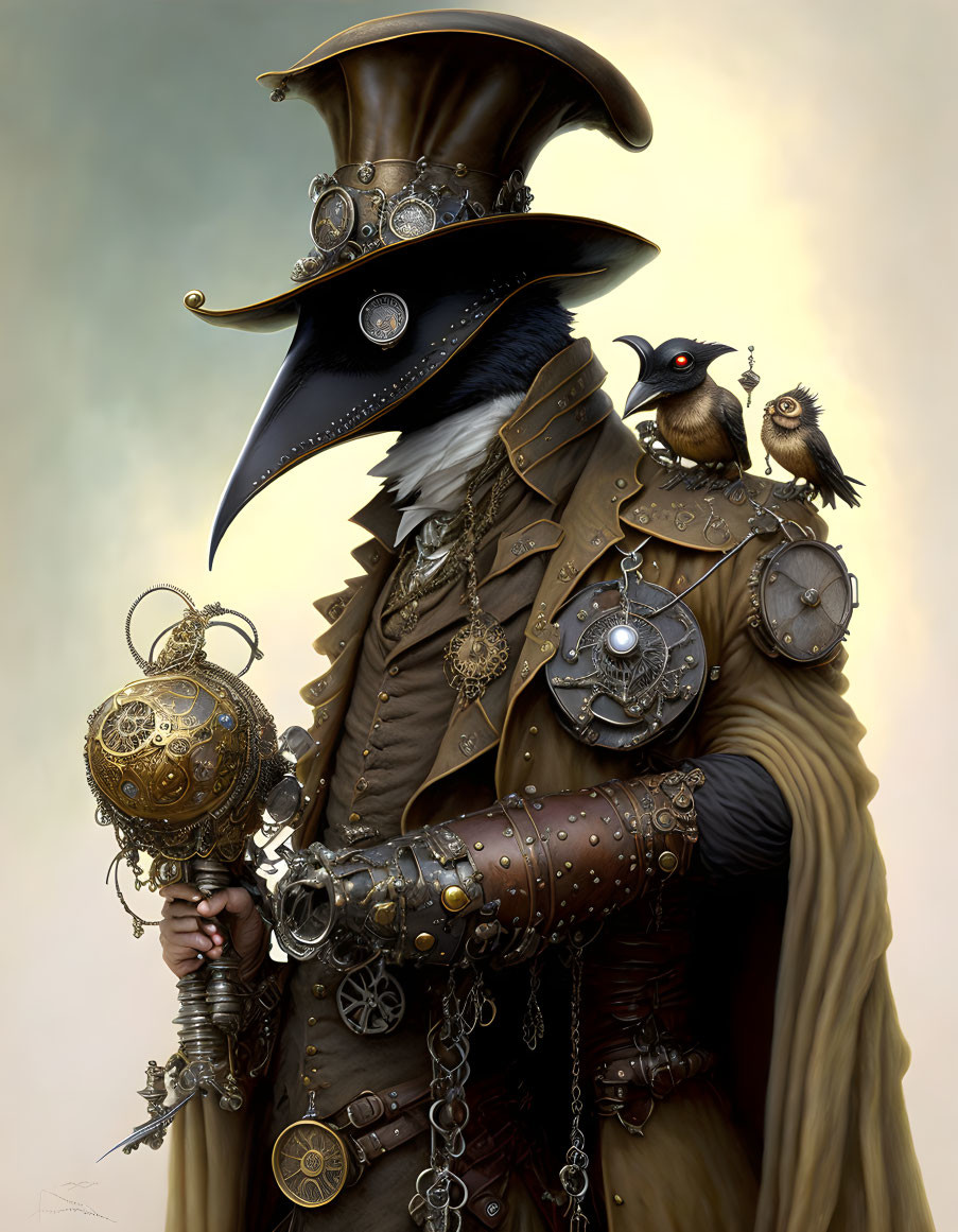 Steampunk character with plague doctor mask, top hat, cogs, gears, orb, and