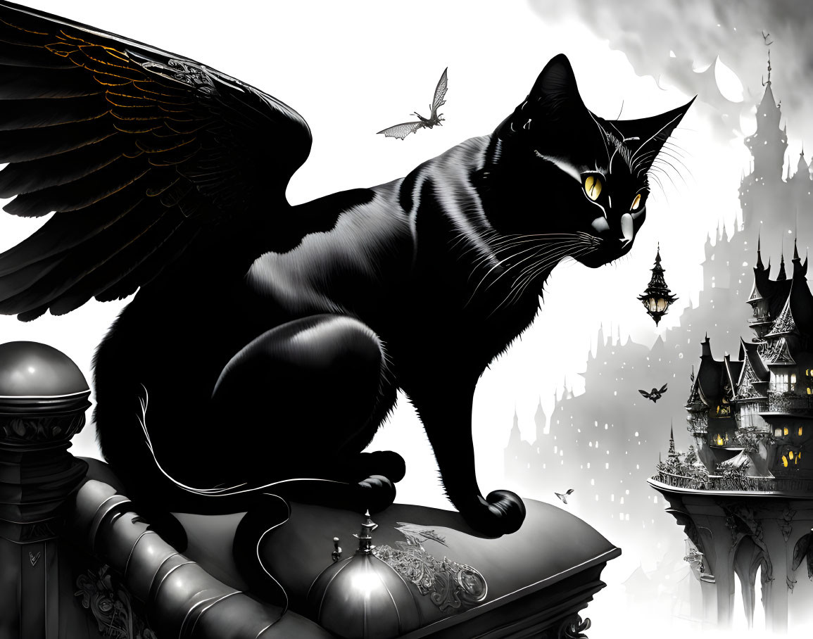 Black Cat with Yellow Eyes and Spread Wings Perched on Ornate Object