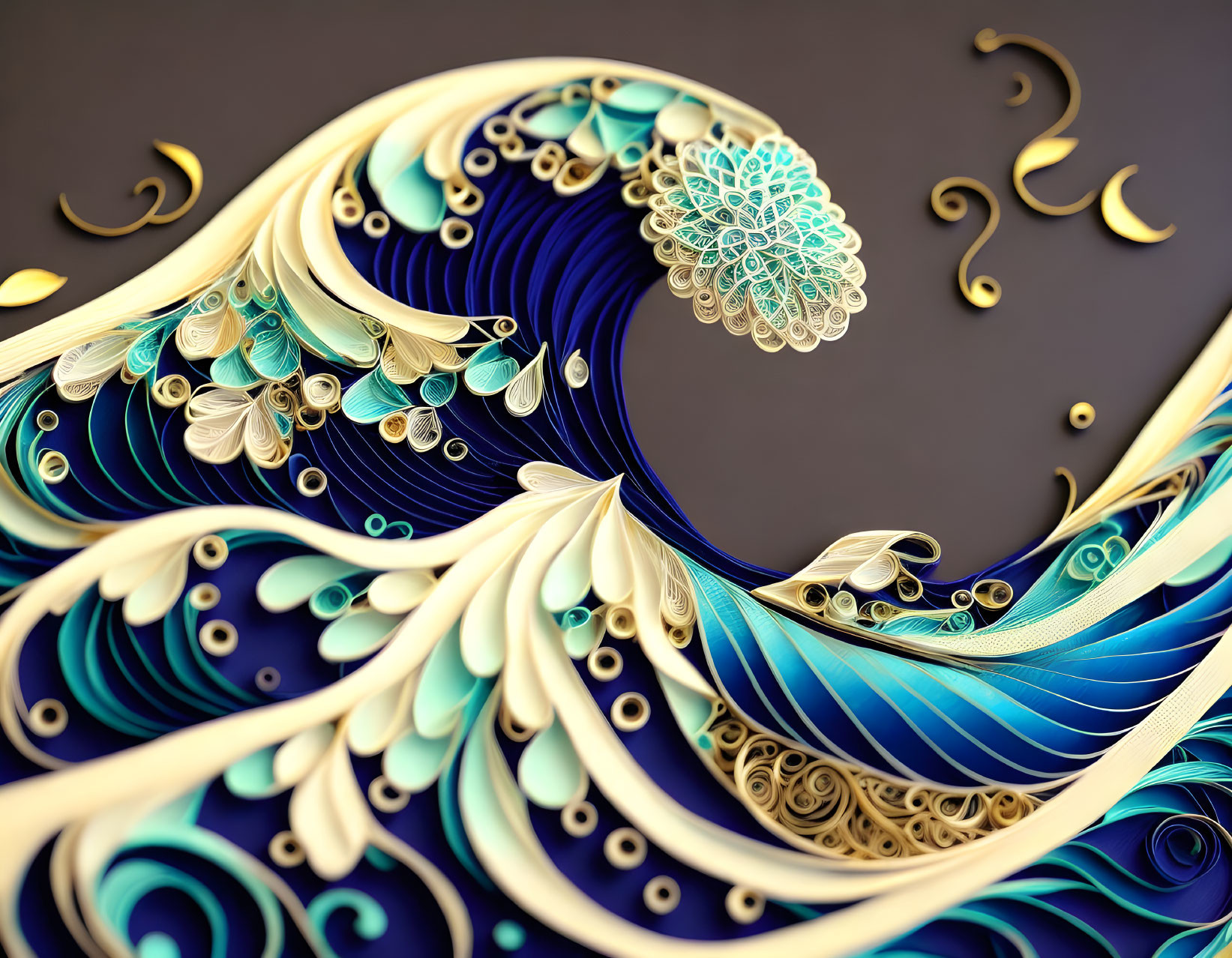 Stylized peacock design in gold and blue paper quilling art