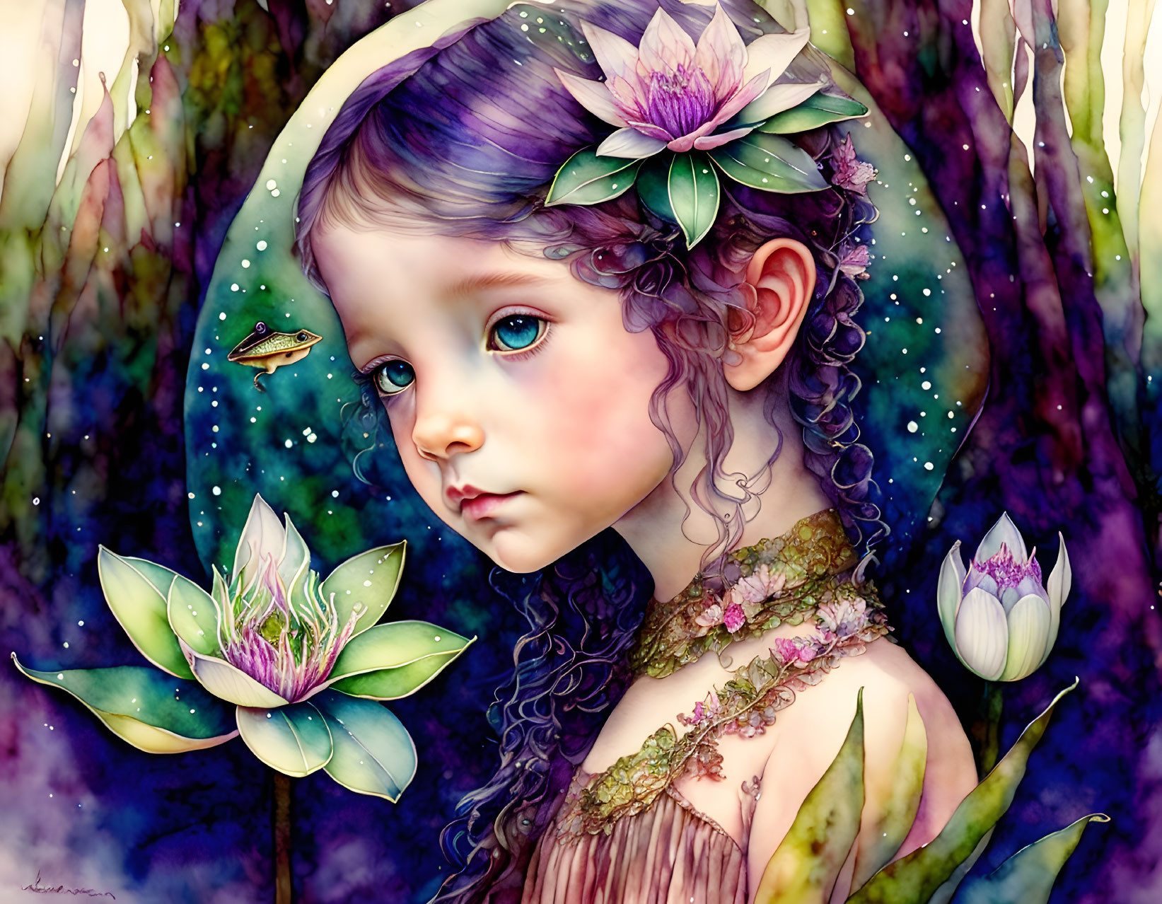 Young girl with large eyes surrounded by water lilies in mystical forest scene.