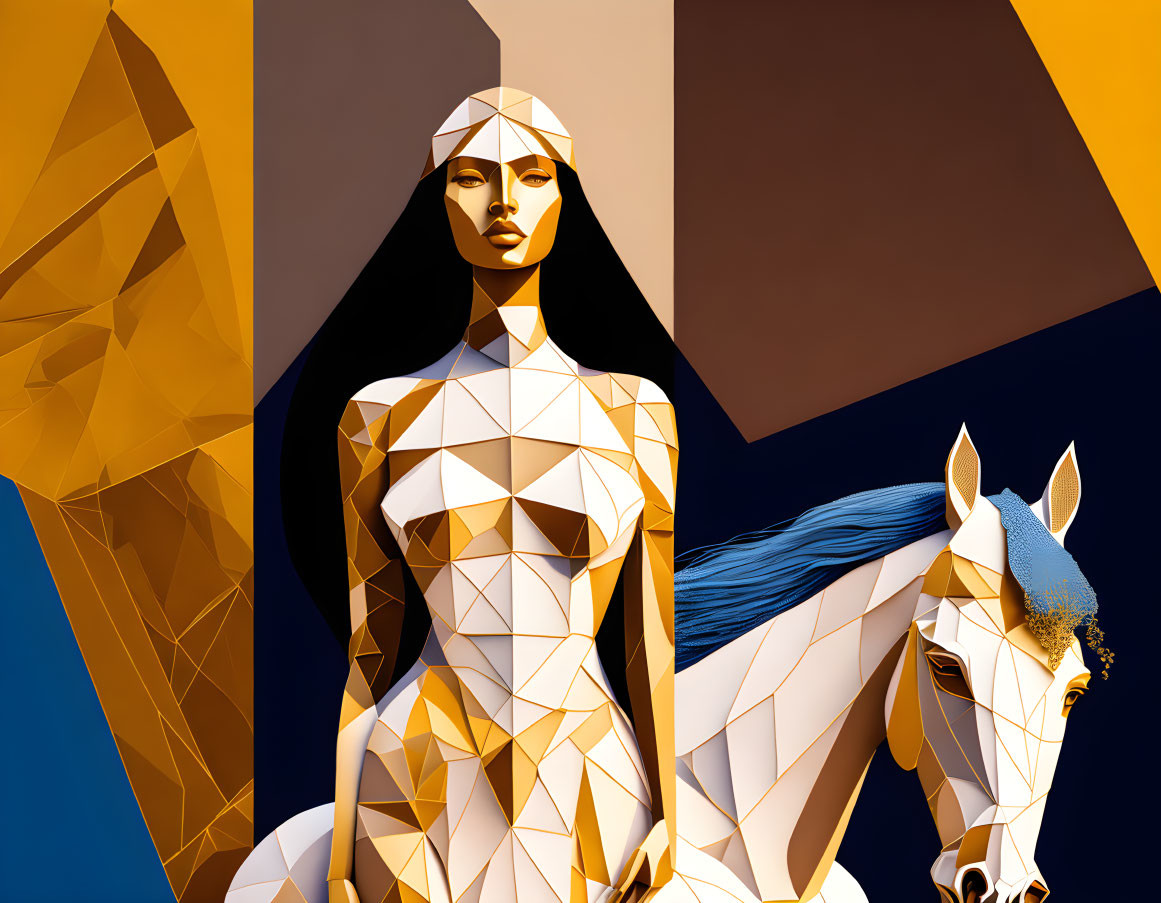 Geometric Woman and Horse Art Against Abstract Background