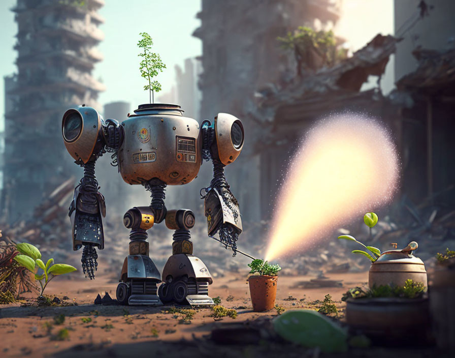 Robot with tree growing from head waters plant in ruins, symbolizing hope and renewal