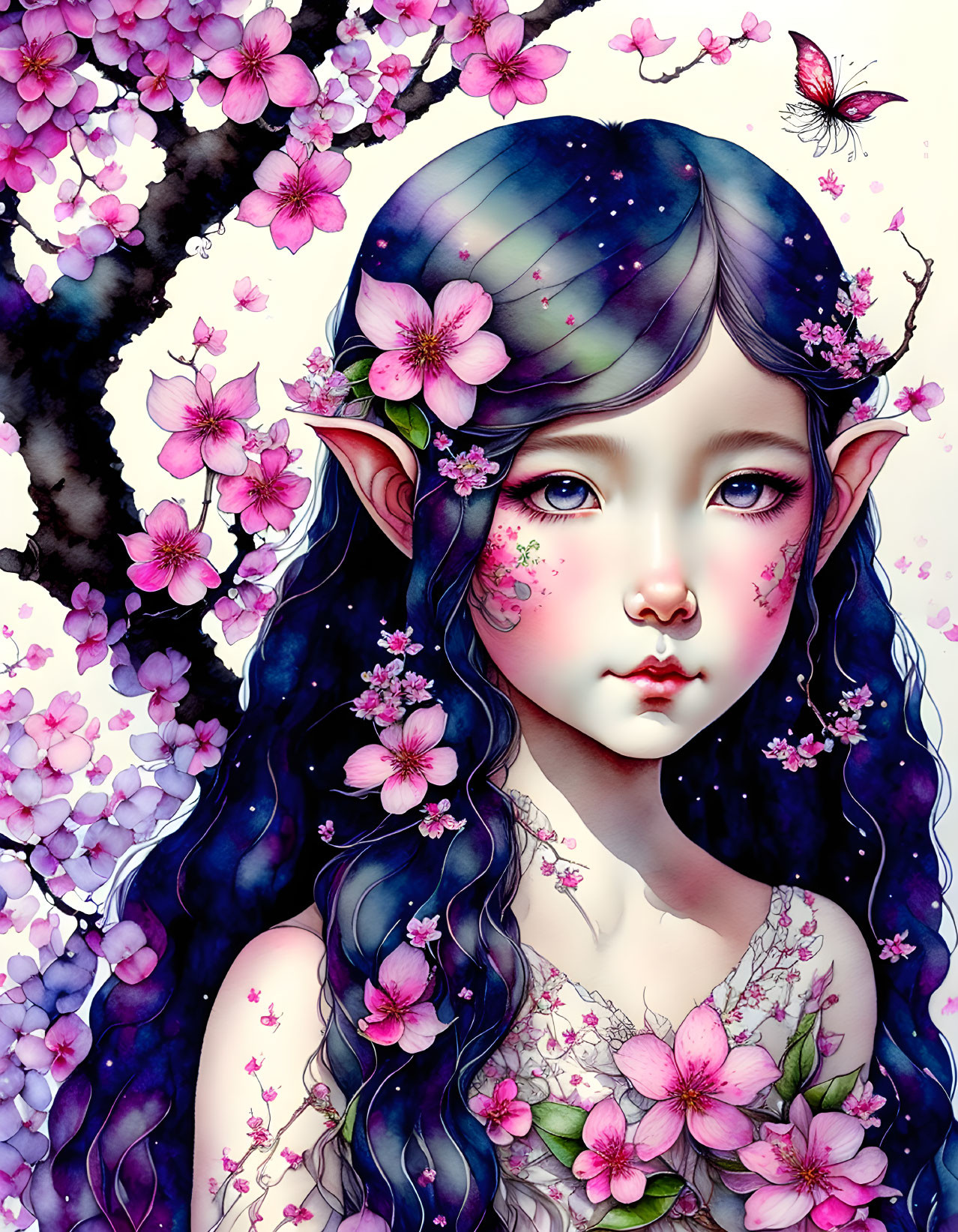 Fantasy illustration of female elf with starry hair, pink blossoms, pointed ears, rosy