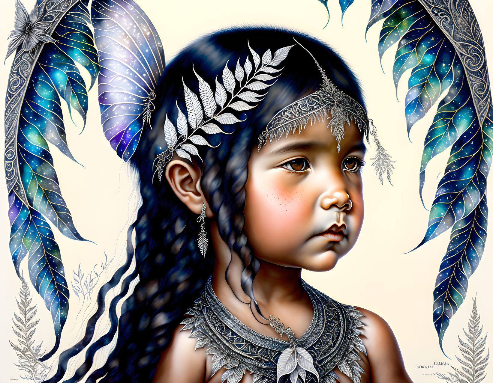 Young girl with braided hair and feather headdress, ethereal wings, and intricate patterns.