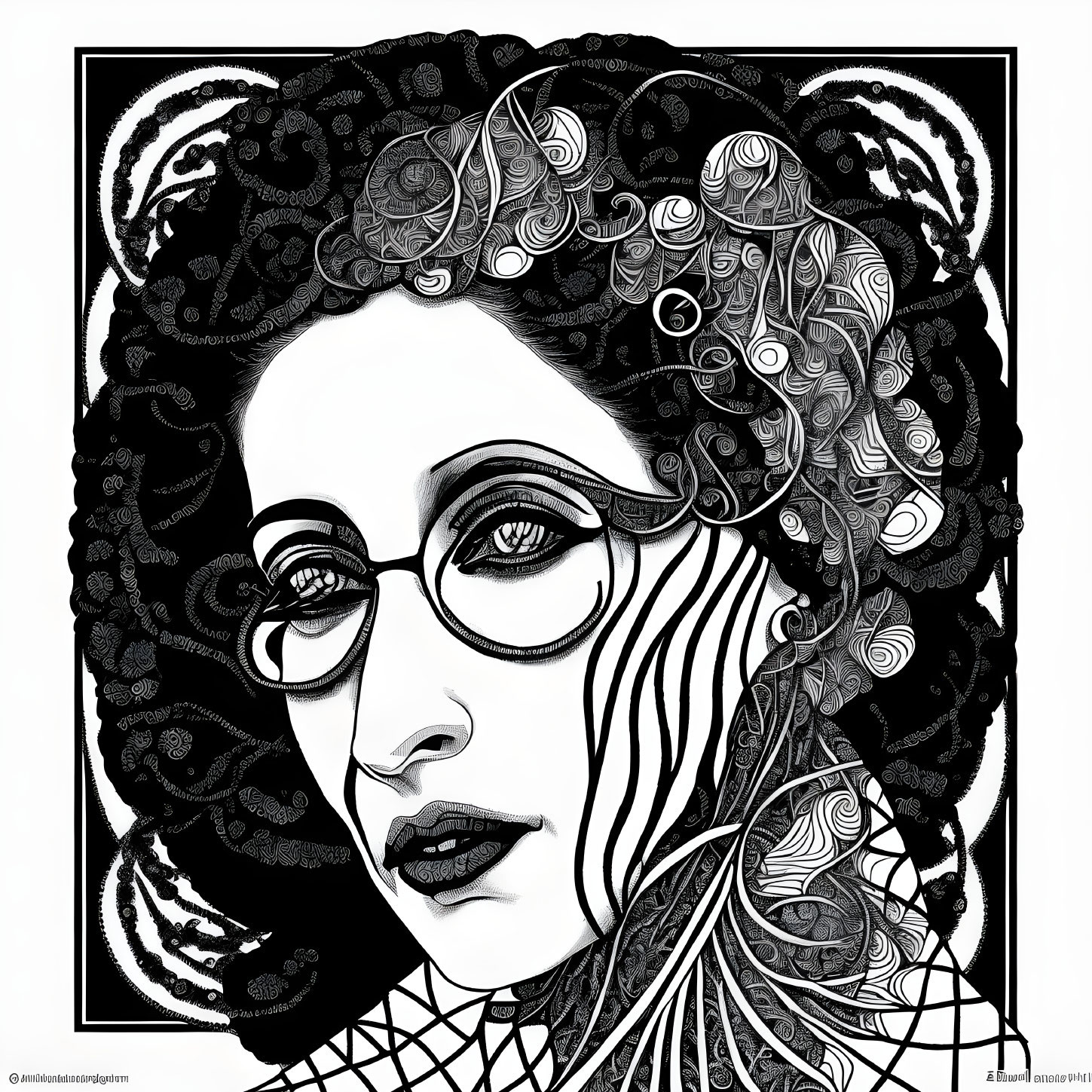 Monochrome illustration of woman with intricate hair patterns and floral motifs