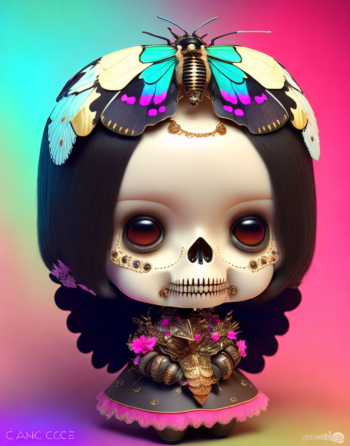 Colorful Stylized Skull-Faced Figure with Butterfly Headdress and Floral Collar